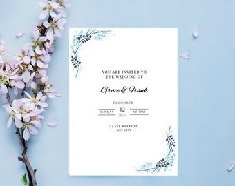 Blaue Blumen Hochzeitseinladung Vorlage, Minimalistisches Design (Digitaler Download)