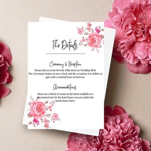 Pink Peony Wedding Details Card Template, DYI Details Card, Printable Pink Floral Detail Card, Canva Template, Pink Wedding