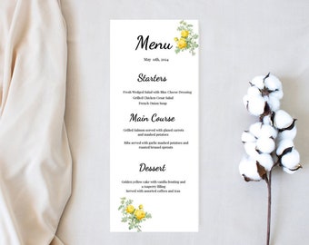 Yellow Floral Wedding Menu Card, Printable Canva Template (Digital Download)