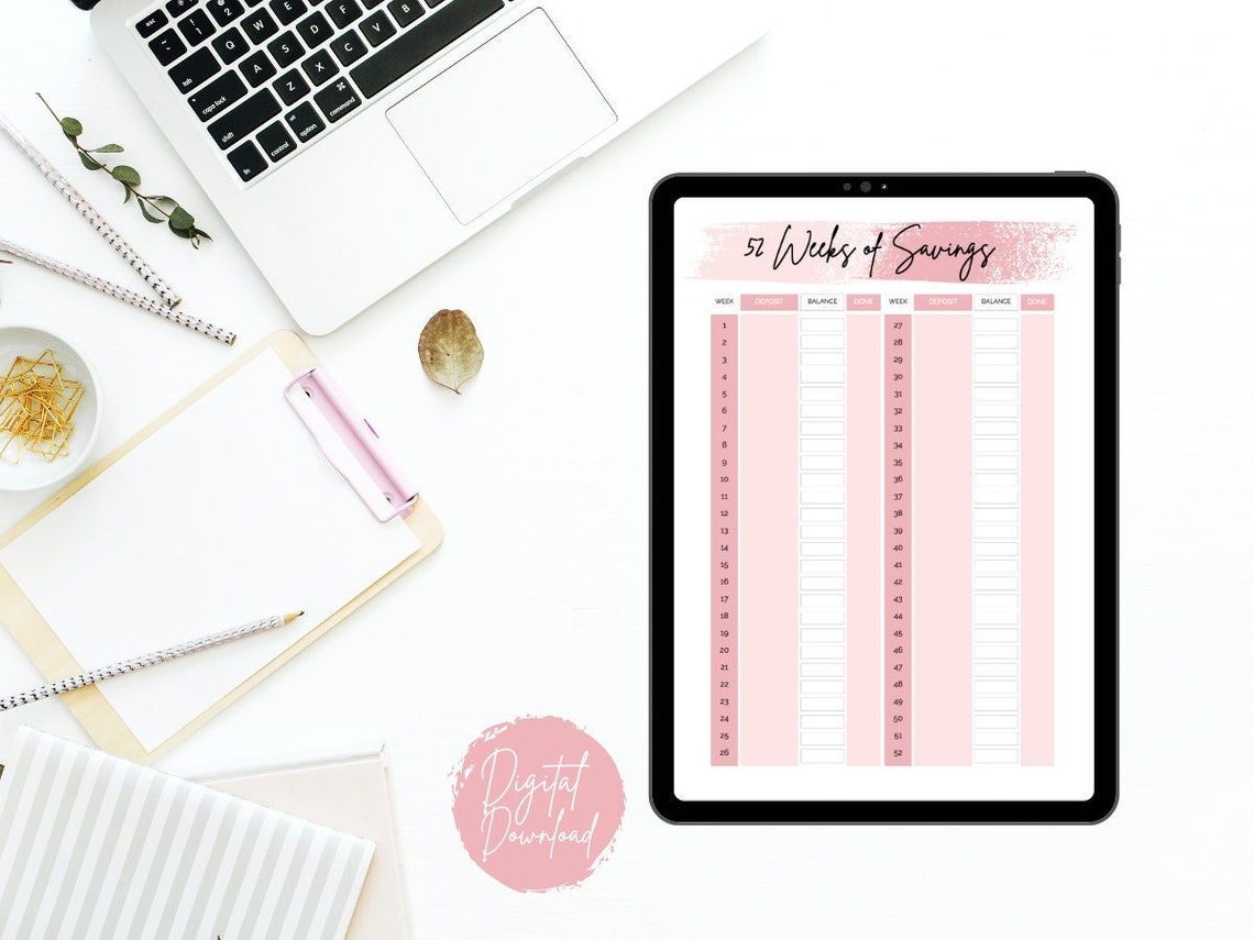 Week Data Tracker 52 Week Savings Tracker Pritnable, Pink Tracker, Printable Saving ...