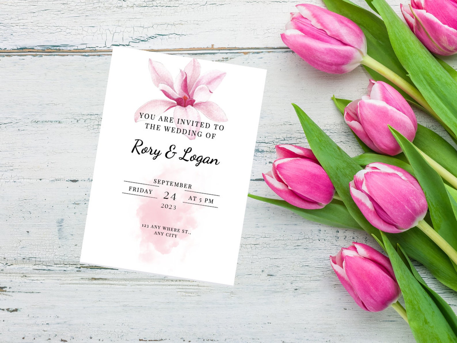 Pink Lily Wedding Invitation Template Editable Digital Etsy