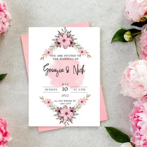 Pink Floral Editable Wedding Invitation Template, DIY Wedding, Printable,Instant Download,Wedding invite, Canva Templates, Wedding Template,