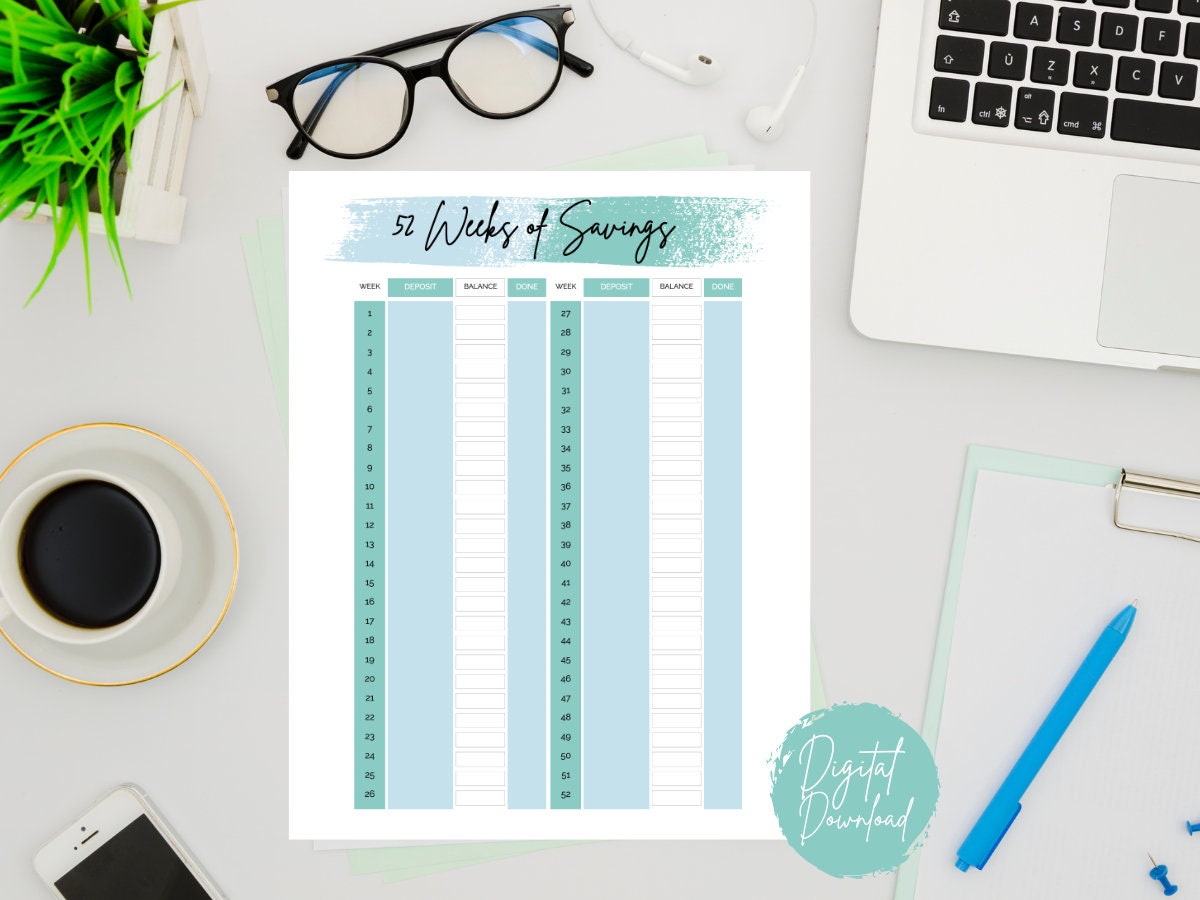 Week Data Tracker 52 Week Savings Tracker Printable, Blue Spending Planner (digital ...