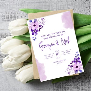 Purple Floral Editable Wedding Invitation Template, DIY Wedding, Printable Invitations, Canva Templates, Wedding Templates,Instant download