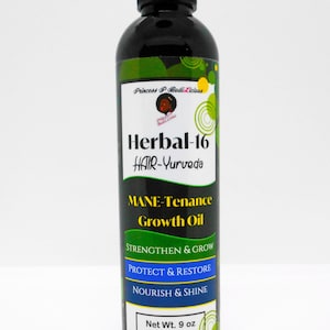 May include: A black bottle with a green and yellow label that reads "Princess P Bodilicious Herbal-16 HAIR-Yurveda MANE-Tenance Growth Oil STRENGTHEN & GROW PROTECT & RESTORE NOURISH & SHINE Net Wt. 9 oz"