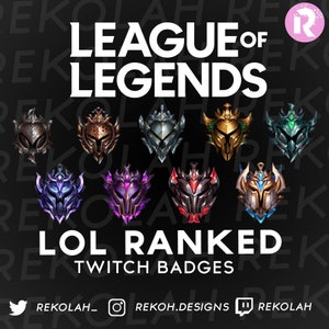 May include: A collection of League of Legends ranked Twitch badges featuring nine distinct helmet-shaped icons in various metallic colors including bronze, silver, gold, emerald, diamond, master, grandmaster, and challenger tiers on a dark background.
