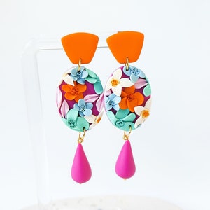 STATEMENT FLORAL EARRINGS | Colorful Dangles | Bold Floral Earrings | Bright Floral Earrings | Pink And Orange Earrings |  Vibrant Earrings