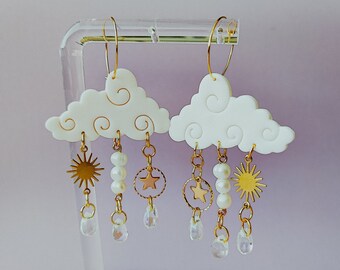 WHITE CLOUD EARRINGS with Gold Star Charms and Raindrop Glass Beads, Celestial Jewelry, Rainy Day Accessories, Cloudy Sky Dangle Earrings