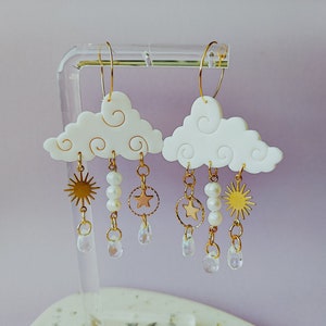 WHITE CLOUD EARRINGS with Gold Star Charms and Raindrop Glass Beads, Celestial Jewelry, Rainy Day Accessories, Cloudy Sky Dangle Earrings