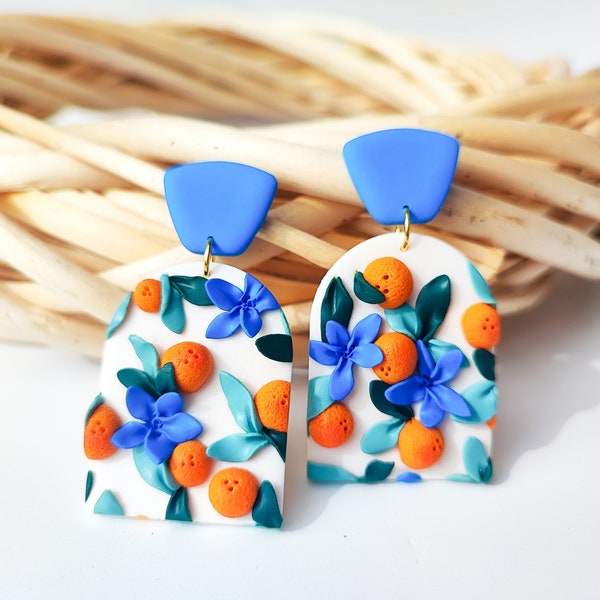 Orange Blossom Earrings | Mediterranean Earrings | Fruit Earrings | White And Blue Earrings | Unique Earrings | Nickel Free Earrings