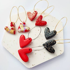 HEART HOOP EARRINGS | Hearts Earrings | Heart Hoops | Valentine's Heart Earrings | Red Heart Earrings | Black Heart Earrings | Clay Earrings