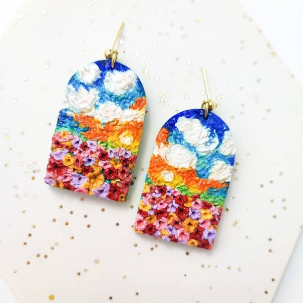 BOUCLES D'OREILLES PAYSAGE | Boucles d'oreilles d'art impressionniste | Boucles d'oreilles d'inspiration impressionniste | Boucles d'oreilles Prairie de fleurs | Boucles D'oreilles Nuage Et Soleil