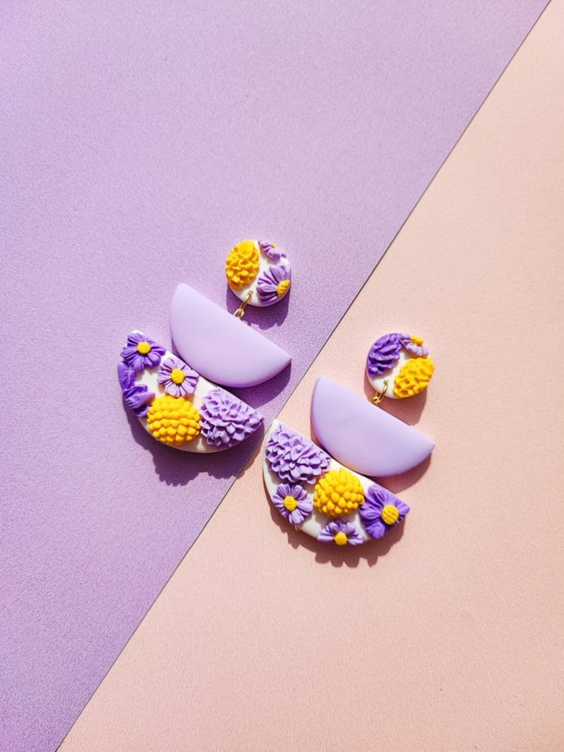 LILAC CLAY EARRINGS Statement Floral Earrings Bold Clay Earrings Polymer Clay Earrings Lightweight Earrings Nickel Free Earrings image 2