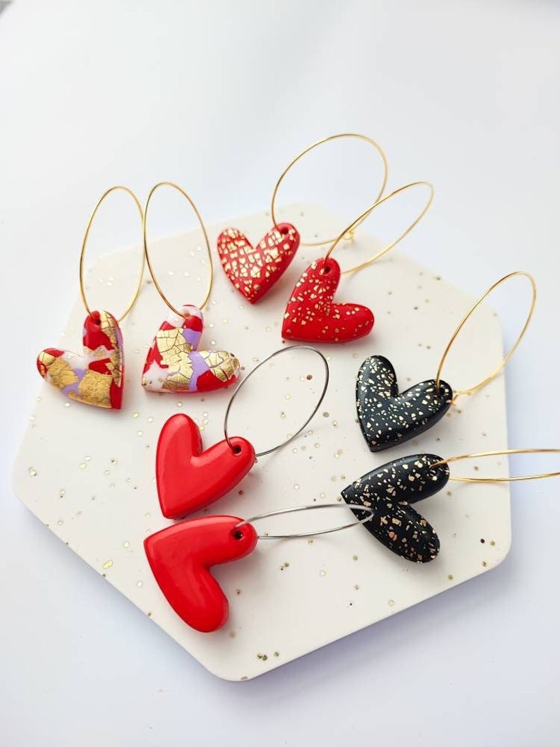 HEART HOOP EARRINGS Hearts Earrings Heart Hoops Valentine's Heart Earrings Red Heart Earrings Black Heart Earrings Clay Earrings image 2