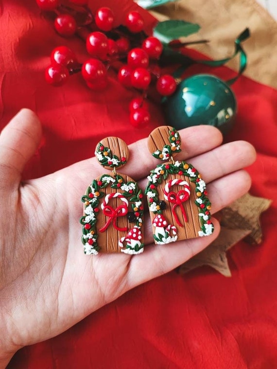 CHRISTMAS CLAY EARRINGS Christmas Door Earrings Winter Earrings Unique Christmas Earrings Nickel Free Earrings Quirky Earrings