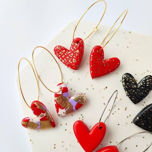 HEART HOOP EARRINGS Hearts Earrings Heart Hoops Valentine's Heart Earrings Red Heart Earrings Black Heart Earrings Clay Earrings image 3