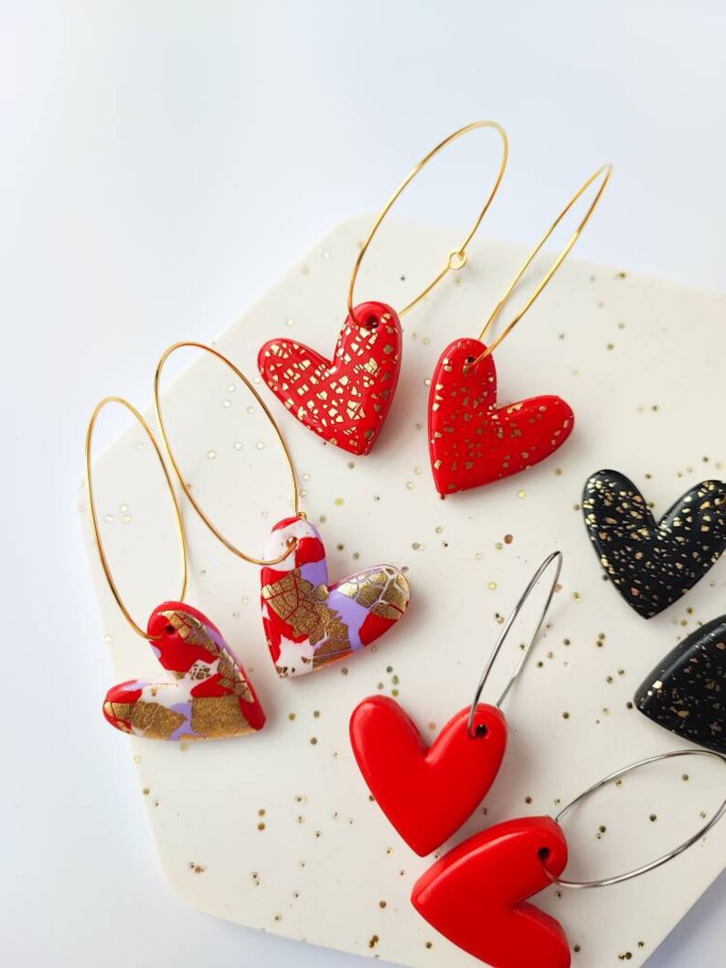 HEART HOOP EARRINGS Hearts Earrings Heart Hoops Valentine's Heart Earrings Red Heart Earrings Black Heart Earrings Clay Earrings image 3