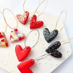 HEART HOOP EARRINGS Hearts Earrings Heart Hoops Valentine's Heart Earrings Red Heart Earrings Black Heart Earrings Clay Earrings image 4