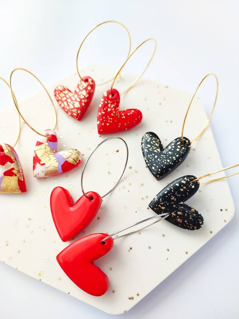 HEART HOOP EARRINGS Hearts Earrings Heart Hoops Valentine's Heart Earrings Red Heart Earrings Black Heart Earrings Clay Earrings image 4