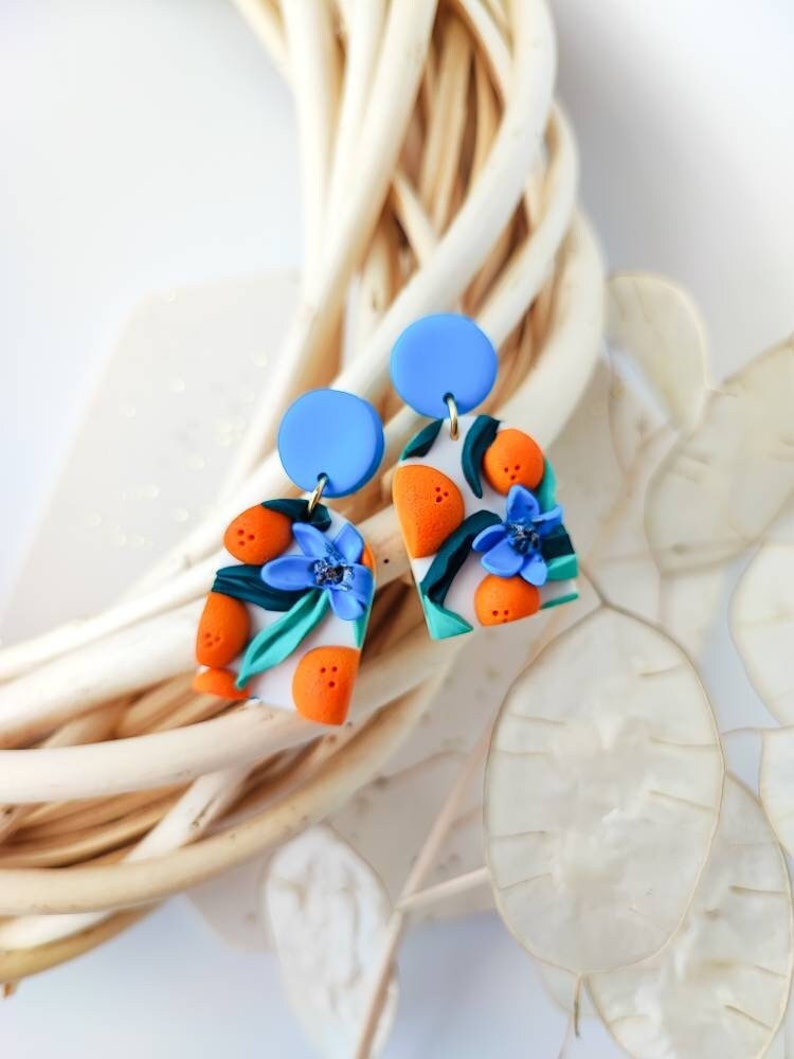 ORANGE FRUIT EARRINGS Orange Blossom Earrings Fruit Earrings Orange Slice Earrings Citrus Earrings Nickel Free Earrings image 1