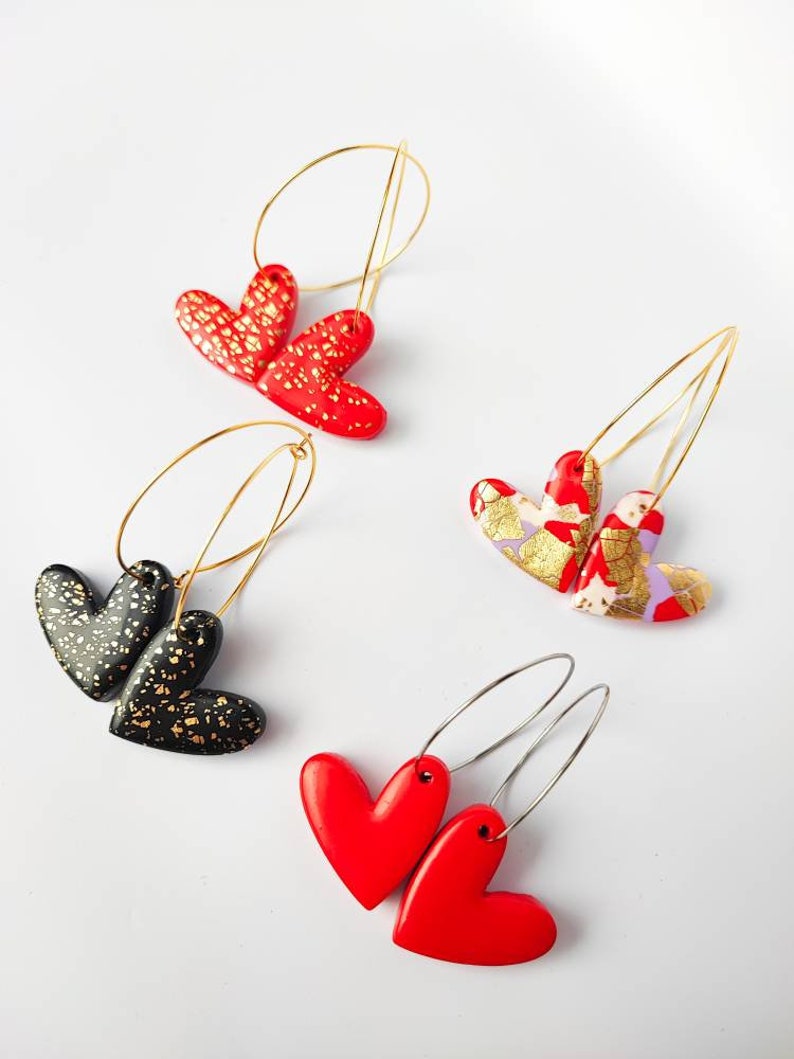 HEART HOOP EARRINGS Hearts Earrings Heart Hoops Valentine's Heart Earrings Red Heart Earrings Black Heart Earrings Clay Earrings image 5