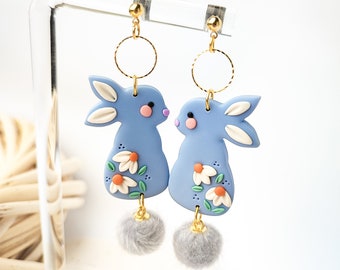 FLORAL RABBIT DANGLE | Easter Rabbit Earrings | Bunny With Flowers Earrings | Cute Bunny Rabbit Earrings | Festive Rabbit Earrings