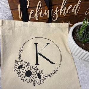 Monogram tote bag, initial canvas bag, personalized bridesmaid tote, floral tote bag, sunflower tote bag, personalized gifts