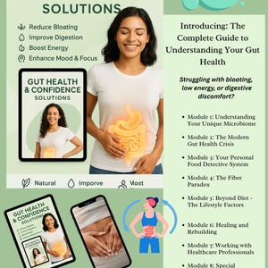 May include: An advertisement for a gut health guide. The image features a woman smiling, with an illustration of the digestive system. Text includes "Gut Health & Confidence Solutions" and "Reduce Bloating". Two tablets and a phone display the guide.