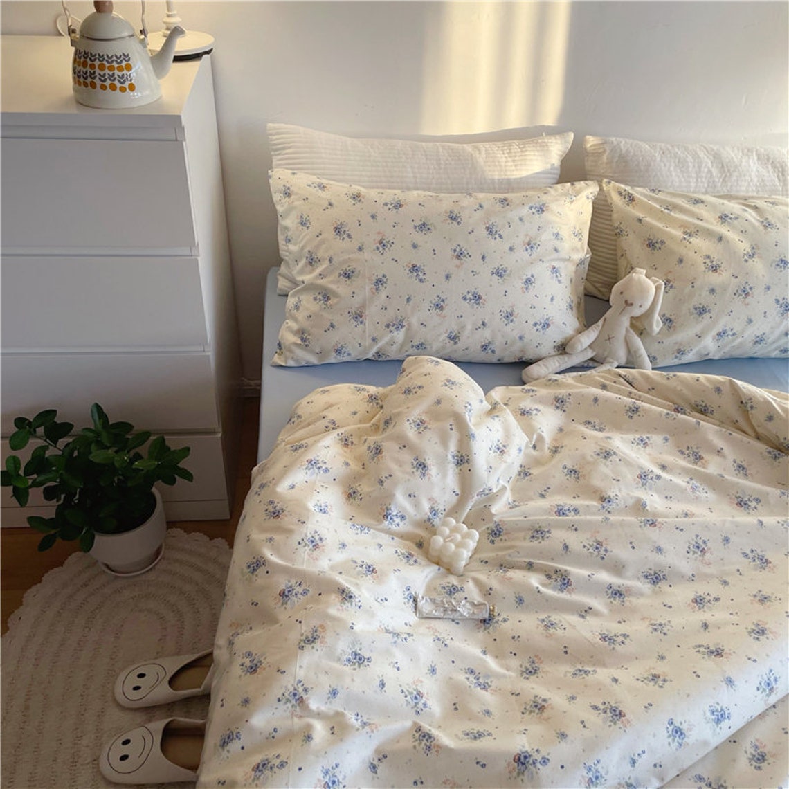 Blue and White Floral Cotton Bedding Set Soft Tones Pillow - Etsy