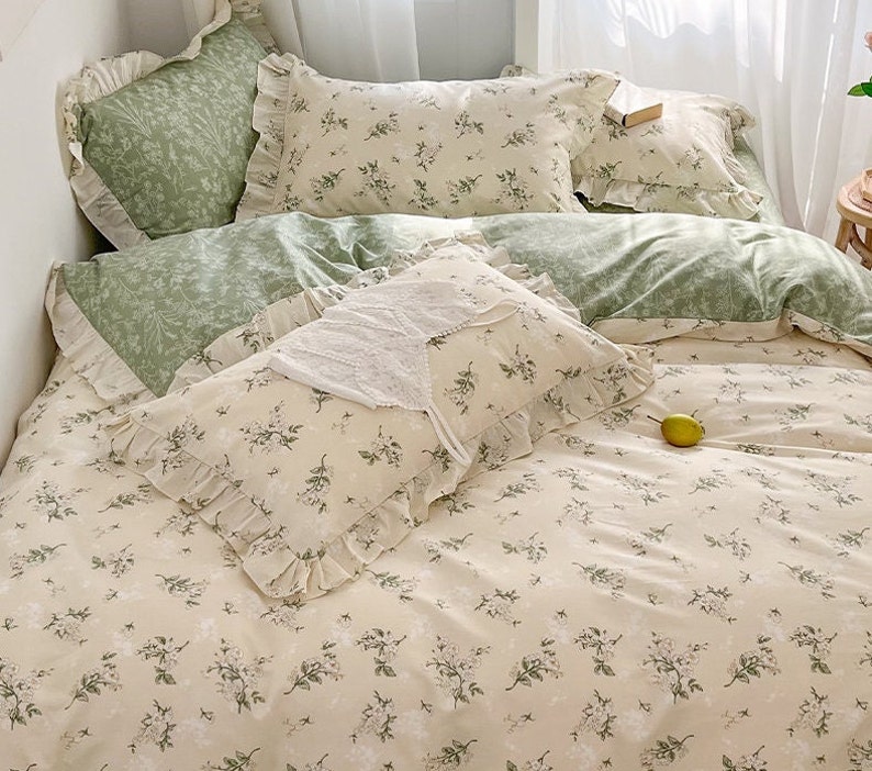 Floral Green and White Cotton Duvet Cover Set Flower Bedding - Etsy