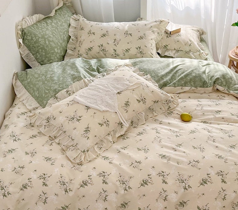 Floral Green and White Cotton Duvet Cover Set Flower Bedding Etsy