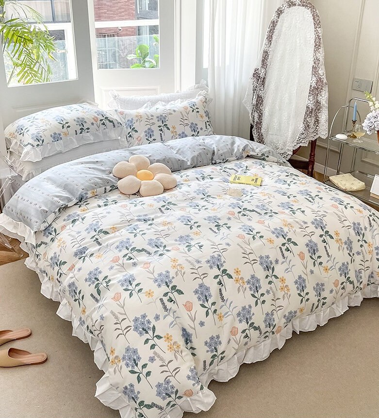 White and Blue Floral Duvet Cover Flower Print Bedding Set Etsy