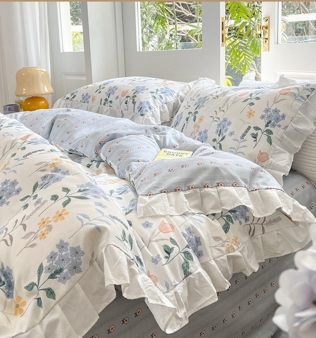White and Blue Floral Duvet Cover Flower Print Bedding Set - Etsy