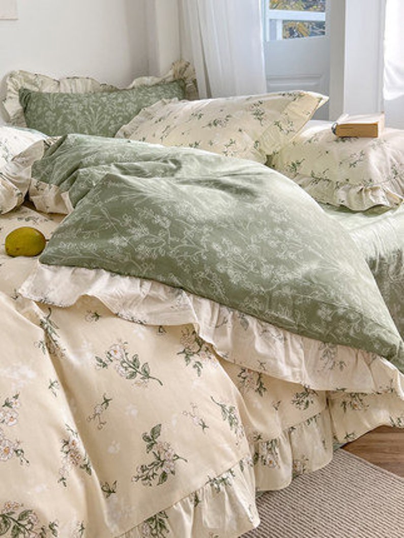 Floral Green and White Cotton Duvet Cover Set Flower Bedding Etsy