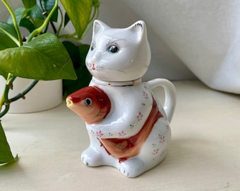 Vintage Cat with Fish Figurine, Ceramic Cat Pitcher, Cat Teapot