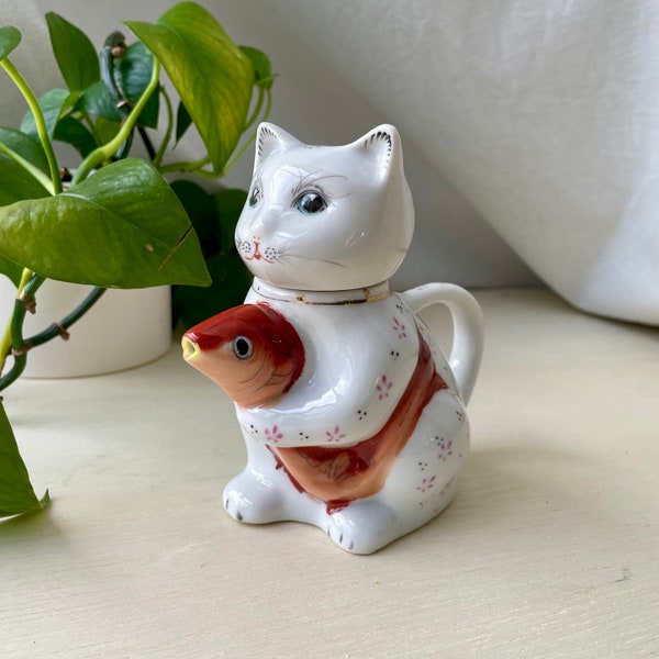 Vintage Cat with Fish Figurine, Ceramic Cat Pitcher, Cat Teapot