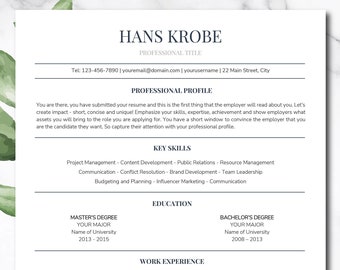 ATS Freundliche Bewerbungsvorlage für Word, Professionelle Bewerbungsvorlage, Clean Modern Executive Resume, Business Cv, Word Resume, Lebenslauf,