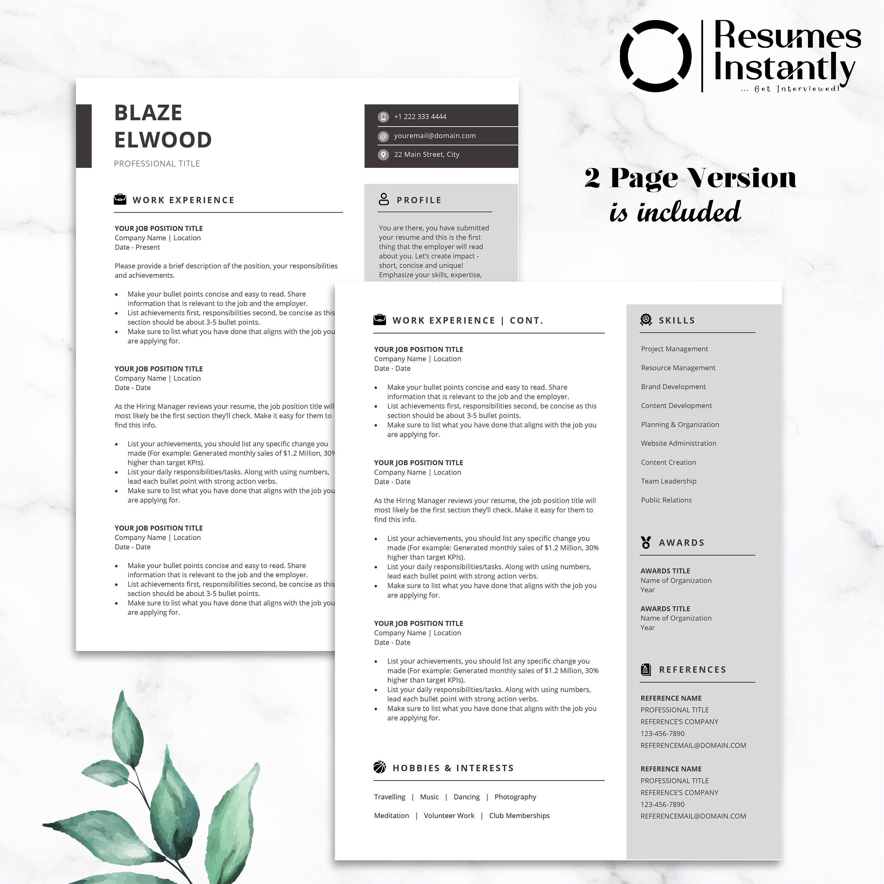 Executive Resume Template, Professional CV, Resume Template Word ...