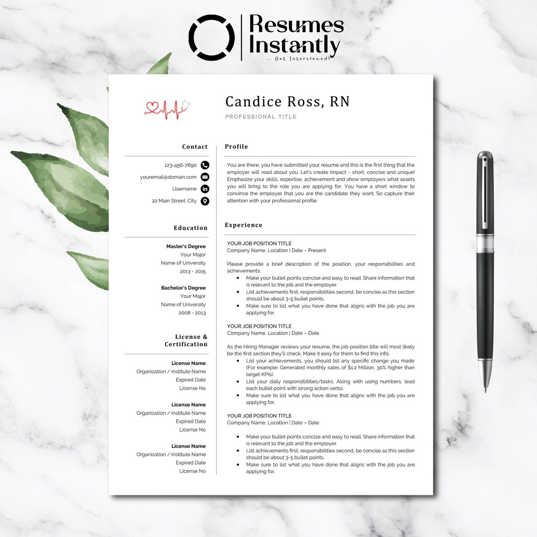 Professional Resume Template for Word, Nurse Resume, Medical Resume, RN ...