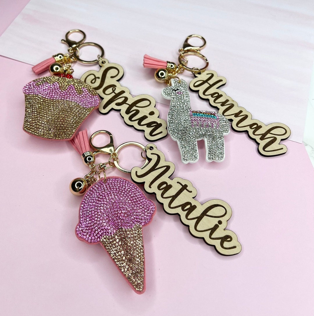 Rhinestone Sparkle Keychain Wood Personalized Keychain Girls Key Ring