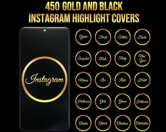 Portadas destacadas de Instagram en dorado y negro: 450 íconos de redes sociales (producto digital)