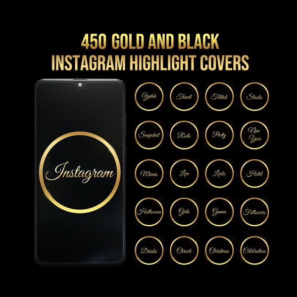 Gold und Schwarz Instagram Highlight Cover, Goldene Buchstaben Instagram Highlights, Minimalismus Social Media Icons, Digitales Produkt