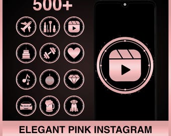 Puede incluir: Un conjunto de más de 500 cubiertas de resaltado de Instagram rosas y blancas con varios iconos, que incluyen un avión, pinceles de maquillaje, un botón de reproducción, un pastel, pesas, un corazón, una nota musical, una bola de discoteca, un diamante, un automóvil, una jarra de cerveza y un perro. Los iconos se muestran sobre un fondo negro con un borde rosa. El texto "Elegant Pink Instagram Highlight Covers" se muestra en la parte inferior de la imagen.