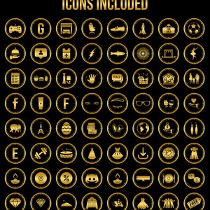K&ouml;nnte beinhalten: Ein Satz von 64 goldenen Symbolen auf schwarzem Hintergrund. Die Symbole umfassen eine Vielzahl von Zeichen, wie einen Gamecontroller, den Buchstaben G, ein Bett, einen Stuhl, einen Schuh, ein Zelt, ein Haus, einen Fu&szlig;ball, einen Kellner, eine Person, ein Flugzeug, einen Blitz, einen Fisch, einen Kreis, eine B&uuml;hne, eine T&auml;nzerin, eine Checkliste, einen Burger, ein Geb&auml;ude, eine Hand, eine Sprechblase mit dem Text "FAQ", eine Gruppe von Menschen, eine Familie, ein Paar, den Buchstaben F, ein Auge, eine Wimper, eine Brille, zwei Weingl&auml;ser, eine Hand mit einem Herzen, einen Elefanten, den Eiffelturm, ein Osterei, eine Hand, die ein Telefon h&auml;lt, Hasenohren, einen Globus, einen Geldbeutel, Ohrringe, den Buchstaben E, eine Hantel, eine Trommel, ein Kleid, einen Download-Pfeil, einen Donut, einen Hund, eine Flamme, eine CD, ein Prozentzeichen, ein Discord-Logo, einen Diamanten, einen Berg, eine Jacke, einen Roller, ein Kleid, drei Personen, die sich an den H&auml;nden halten, und das Wort "GRATIS".