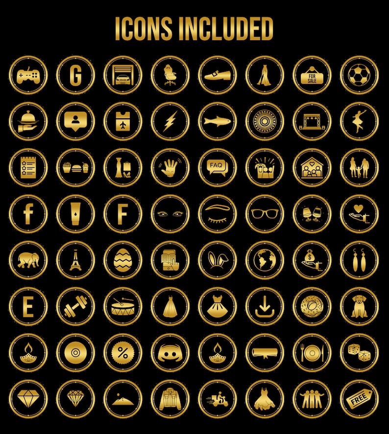 K&ouml;nnte beinhalten: Ein Satz von 64 goldenen Symbolen auf schwarzem Hintergrund. Die Symbole umfassen eine Vielzahl von Zeichen, wie einen Gamecontroller, den Buchstaben G, ein Bett, einen Stuhl, einen Schuh, ein Zelt, ein Haus, einen Fu&szlig;ball, einen Kellner, eine Person, ein Flugzeug, einen Blitz, einen Fisch, einen Kreis, eine B&uuml;hne, eine T&auml;nzerin, eine Checkliste, einen Burger, ein Geb&auml;ude, eine Hand, eine Sprechblase mit dem Text "FAQ", eine Gruppe von Menschen, eine Familie, ein Paar, den Buchstaben F, ein Auge, eine Wimper, eine Brille, zwei Weingl&auml;ser, eine Hand mit einem Herzen, einen Elefanten, den Eiffelturm, ein Osterei, eine Hand, die ein Telefon h&auml;lt, Hasenohren, einen Globus, einen Geldbeutel, Ohrringe, den Buchstaben E, eine Hantel, eine Trommel, ein Kleid, einen Download-Pfeil, einen Donut, einen Hund, eine Flamme, eine CD, ein Prozentzeichen, ein Discord-Logo, einen Diamanten, einen Berg, eine Jacke, einen Roller, ein Kleid, drei Personen, die sich an den H&auml;nden halten, und das Wort "GRATIS".