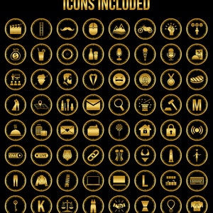 K&ouml;nnte beinhalten: Ein Satz von 64 goldenen Symbolen auf schwarzem Hintergrund. Die Symbole umfassen eine Vielzahl von Zeichen, wie z. B. eine Filmklappe, eine Leiter, einen Schnurrbart, eine Maus, Berge, ein Motorrad, eine Gl&uuml;hbirne, ein Mikrofon, eine Medaille, einen Hammer, ein Schloss, eine Kette, einen Leuchtturm, einen Laptop, einen Schl&uuml;ssel, eine Waage und eine Hose.