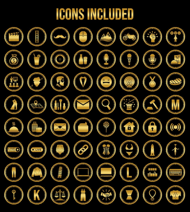 K&ouml;nnte beinhalten: Ein Satz von 64 goldenen Symbolen auf schwarzem Hintergrund. Die Symbole umfassen eine Vielzahl von Zeichen, wie z. B. eine Filmklappe, eine Leiter, einen Schnurrbart, eine Maus, Berge, ein Motorrad, eine Gl&uuml;hbirne, ein Mikrofon, eine Medaille, einen Hammer, ein Schloss, eine Kette, einen Leuchtturm, einen Laptop, einen Schl&uuml;ssel, eine Waage und eine Hose.