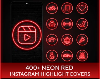 Portadas destacadas de Instagram en neón rojo, más de 400 iconos (descarga digital)