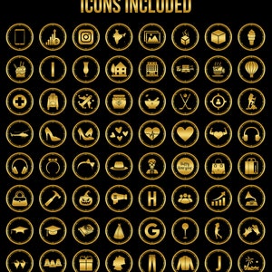 K&ouml;nnte beinhalten: Ein Satz von 50 goldenen Symbolen in runder Form, jedes Symbol repr&auml;sentiert ein anderes Symbol oder Bild. Die Symbole sind in einem Raster auf schwarzem Hintergrund angeordnet.