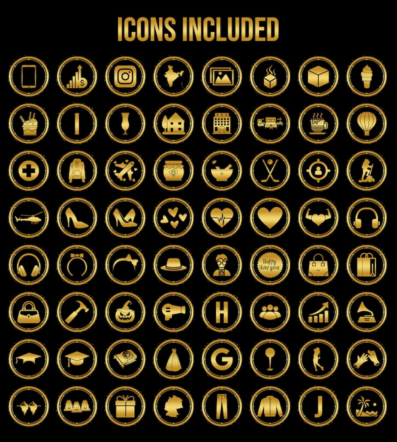 K&ouml;nnte beinhalten: Ein Satz von 50 goldenen Symbolen in runder Form, jedes Symbol repr&auml;sentiert ein anderes Symbol oder Bild. Die Symbole sind in einem Raster auf schwarzem Hintergrund angeordnet.